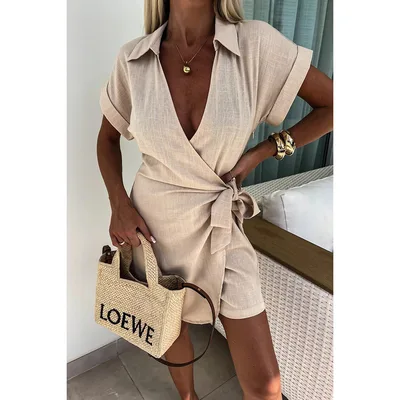 Spring And Summer New Lace up Turn down Collar Jumpsuit INS Casual Loose Vacation Jumpsuit Apricot - Shop at LoveMi