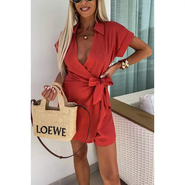 Spring And Summer New Lace up Turn down Collar Jumpsuit INS Casual Loose Vacation Jumpsuit Brick Red - Shop at LoveMi