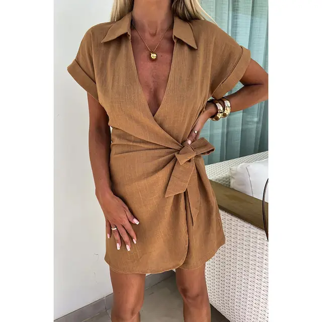 Spring And Summer New Lace up Turn down Collar Jumpsuit INS Casual Loose Vacation Jumpsuit Camel - Shop at LoveMi