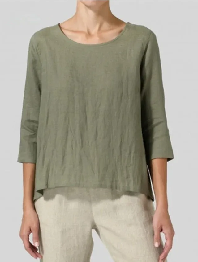 Cotton And Linen Plus Size Women's Clothing 34 Sleeve Casual Loose fitting T shirt Army Green - Shop at LoveMi