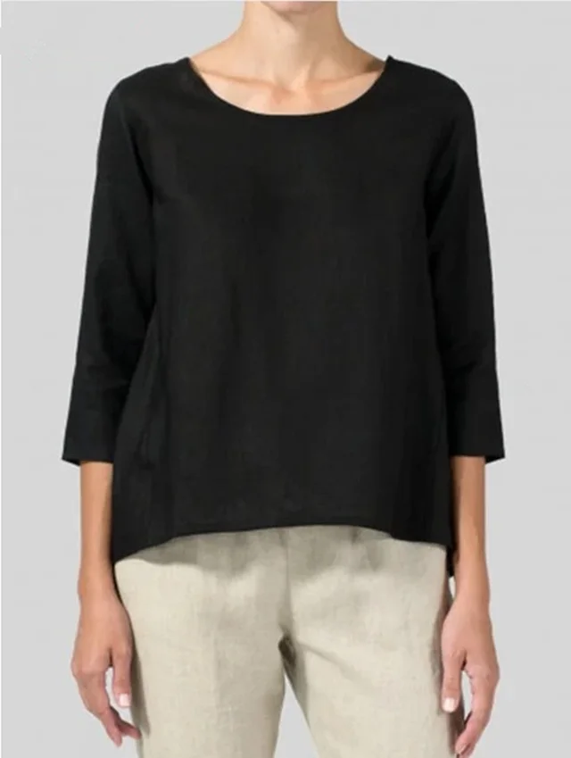 Cotton And Linen Plus Size Women's Clothing 34 Sleeve Casual Loose fitting T shirt Black - Shop at LoveMi