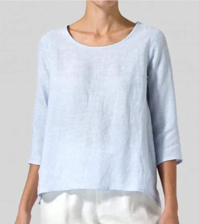 Cotton And Linen Plus Size Women's Clothing 34 Sleeve Casual Loose fitting T shirt Light Blue - Shop at LoveMi