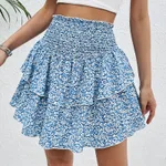 European And American Summer Smocking Slim Fit Floral Short Skirt - Blue