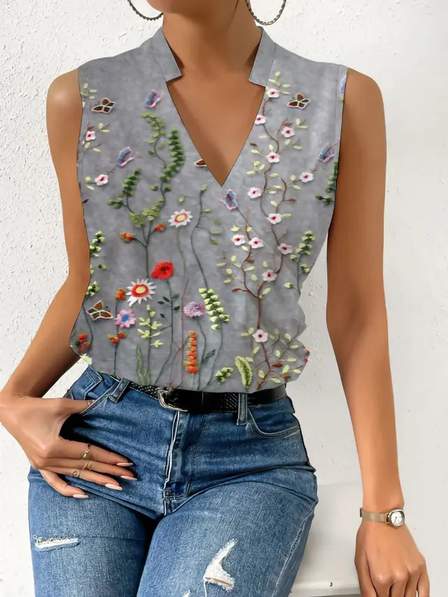 Women's Casual V neck Pullover Digital Printing Top T shirt Vest Figure 2 - Shop at LoveMi