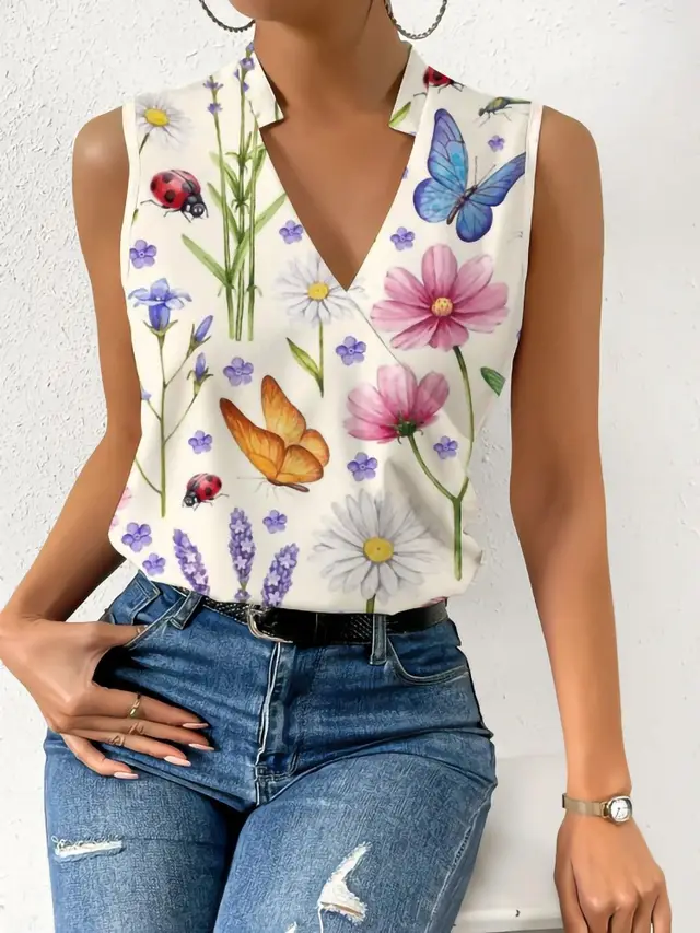 Women's Casual V neck Pullover Digital Printing Top T shirt Vest Figure 4 - Shop at LoveMi