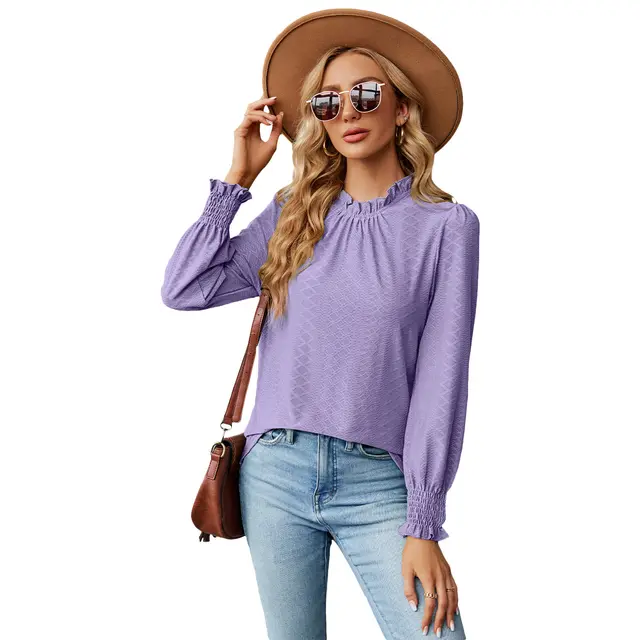 Women's Lace Collar Lantern Sleeve Loose Pleated T shirt Purple - Shop at LoveMi