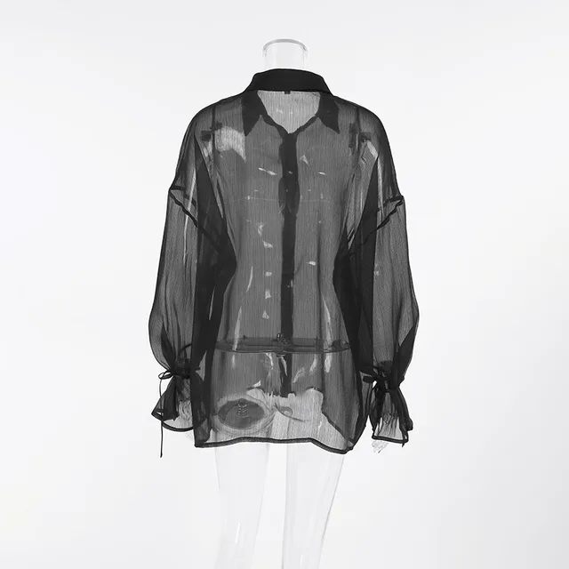 Women's Fashion Design Sense See through Black Gauzy Shirt Black - Shop at LoveMi