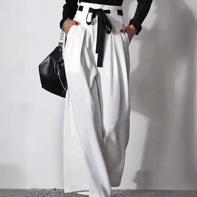 High Waist Loose Drawstring Pleated Trousers White - Shop at LoveMi