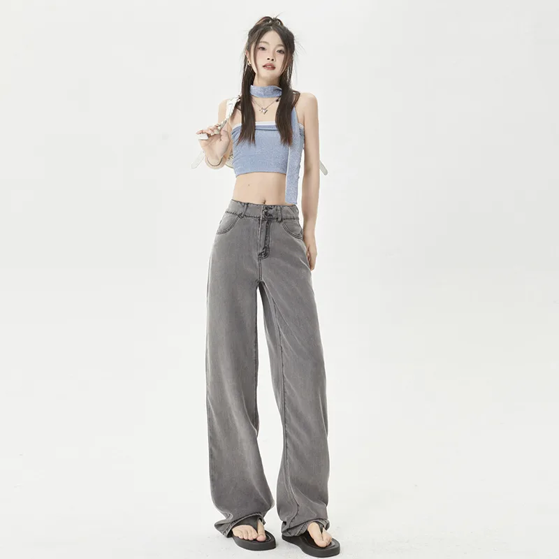 Ice Silk Thin Jeans Women's Comfortable Wide-leg Pants - Black Gray Lengthening