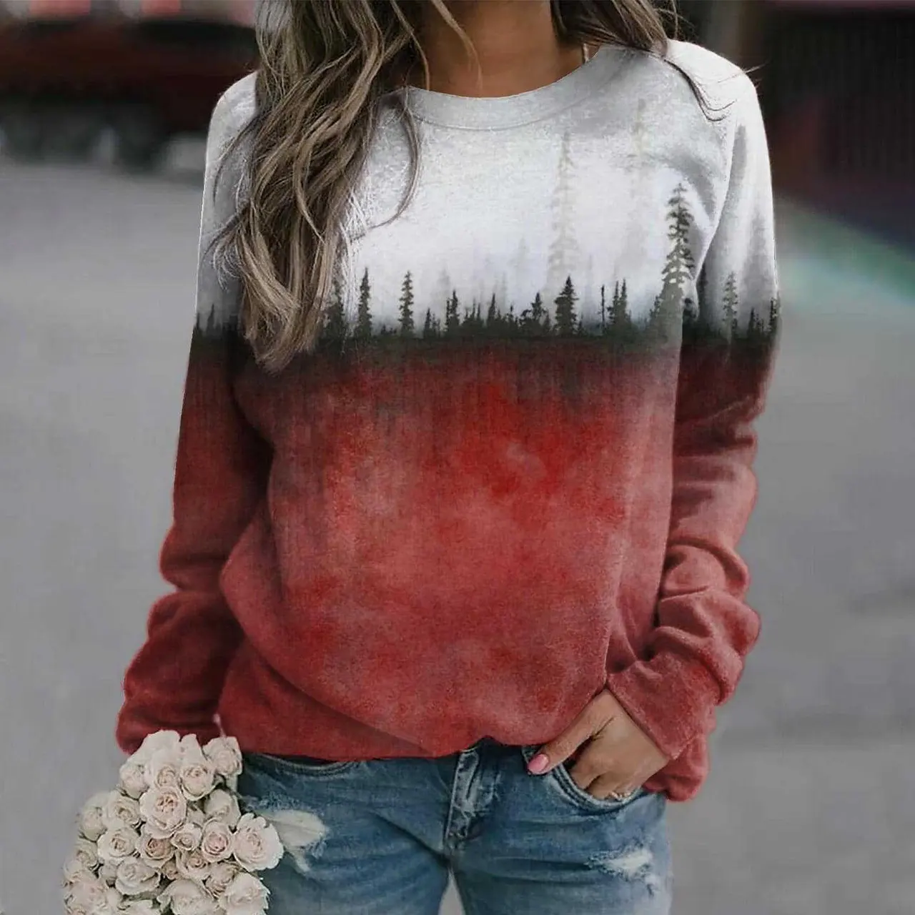 Casual Women's Pine Printed Crew Neck Sweatshirt - Gbh0025