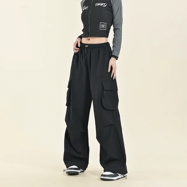 Multi pocket Casual Drawstring Loose Straight Cargo Pants Trousers Black - Shop at LoveMi