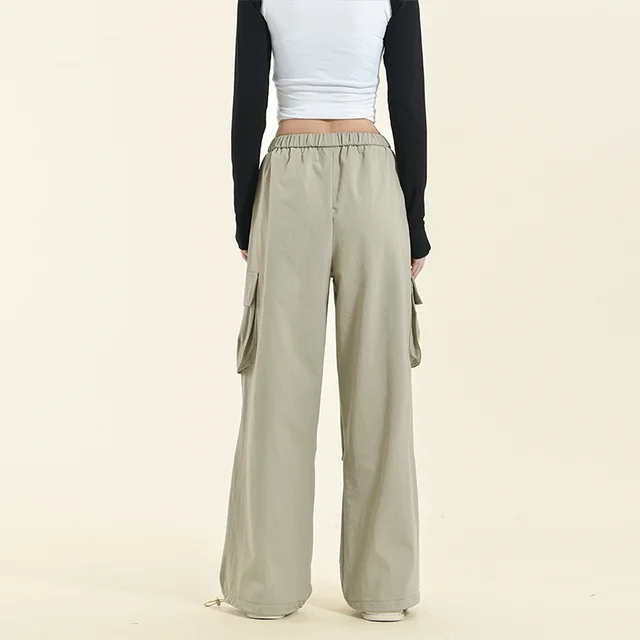 Multi pocket Casual Drawstring Loose Straight Cargo Pants Trousers Khaki - Shop at LoveMi