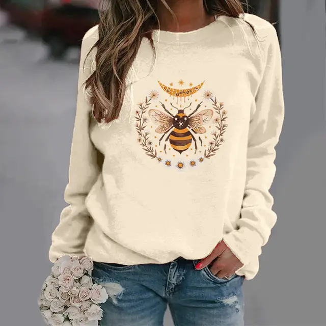 Women's Fashion Moon Bee Trendy Round Neck Sweater Khaki - Shop at LoveMi