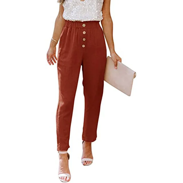 Women's Casual Loose And Comfortable Pant Belt Pocket Elastic Pants Red - Shop at LoveMi