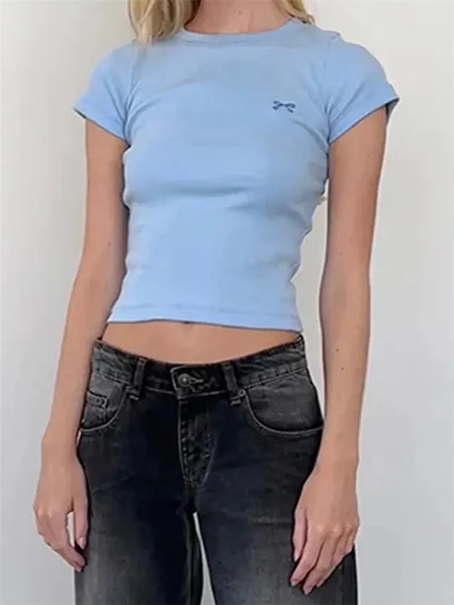 Round Neck Pullover Short Sleeve Butterfly Exquisite Embroidered Top Blue - Shop at LoveMi