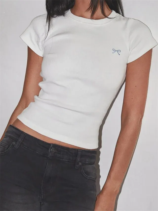 Round Neck Pullover Short Sleeve Butterfly Exquisite Embroidered Top White - Shop at LoveMi