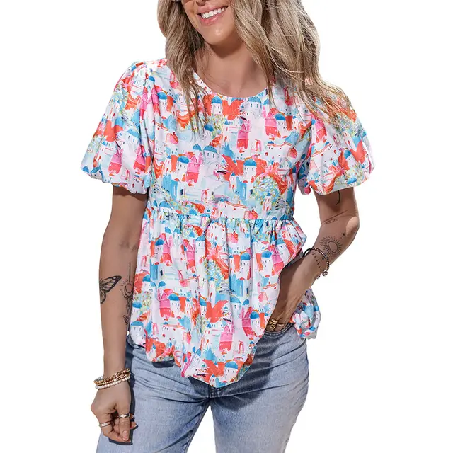 Women's Cute Anti aging Fashion Contrast Color Stitching Round Neck Short sleeved Shirt Light Blue - Shop at LoveMi