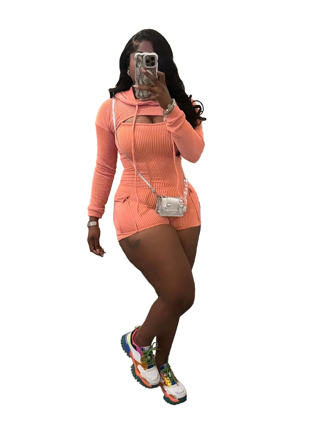 Women's Wear Long Sleeve Hooded Solid Color Suspender Tight One-piece Shorts Two-piece Set - Orange - View 1