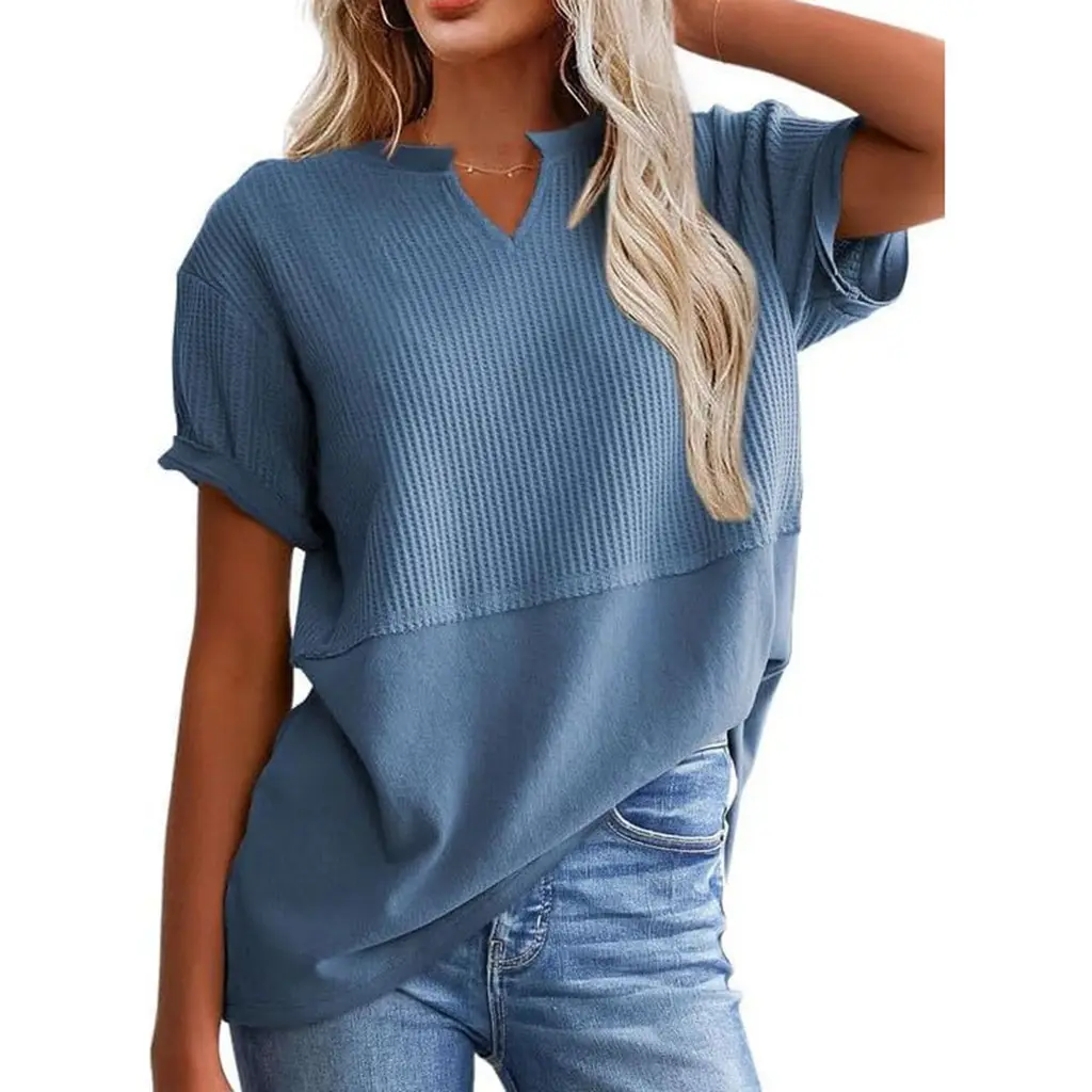 Women's Casual Knitted Short-sleeved Shirt - Blue
