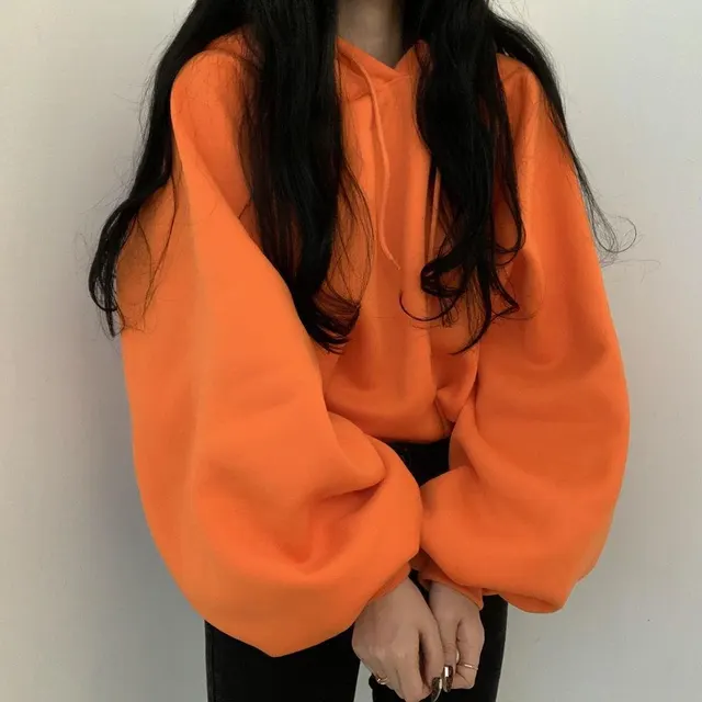 Casual Lantern Sleeve Hooded Sweater For Women Fragrant Orange - Shop at LoveMi