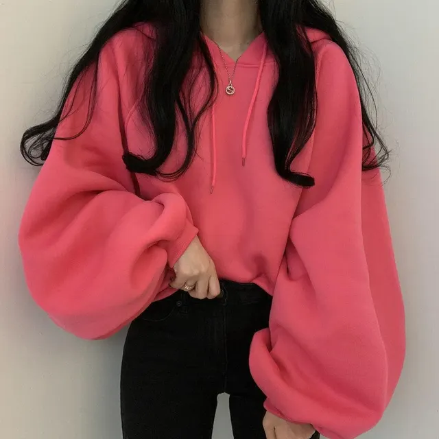 Casual Lantern Sleeve Hooded Sweater For Women Watermelon Red - Shop at LoveMi