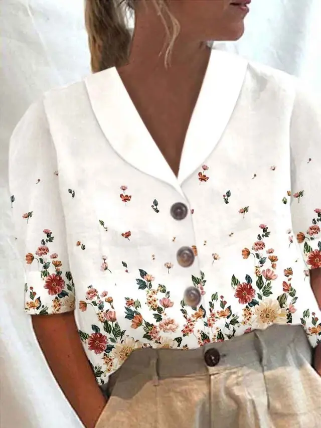 Women's Stand Collar Button Casual Half sleeve Cotton And Linen Printed Short sleeved Shirt 1 Color - Shop at LoveMi