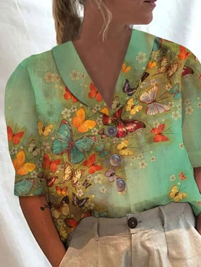 Women's Stand Collar Button Casual Half sleeve Cotton And Linen Printed Short sleeved Shirt 12 Color - Shop at LoveMi