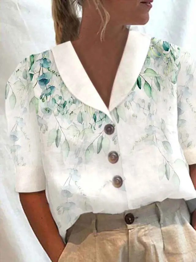 Women's Stand Collar Button Casual Half sleeve Cotton And Linen Printed Short sleeved Shirt 2 Color - Shop at LoveMi