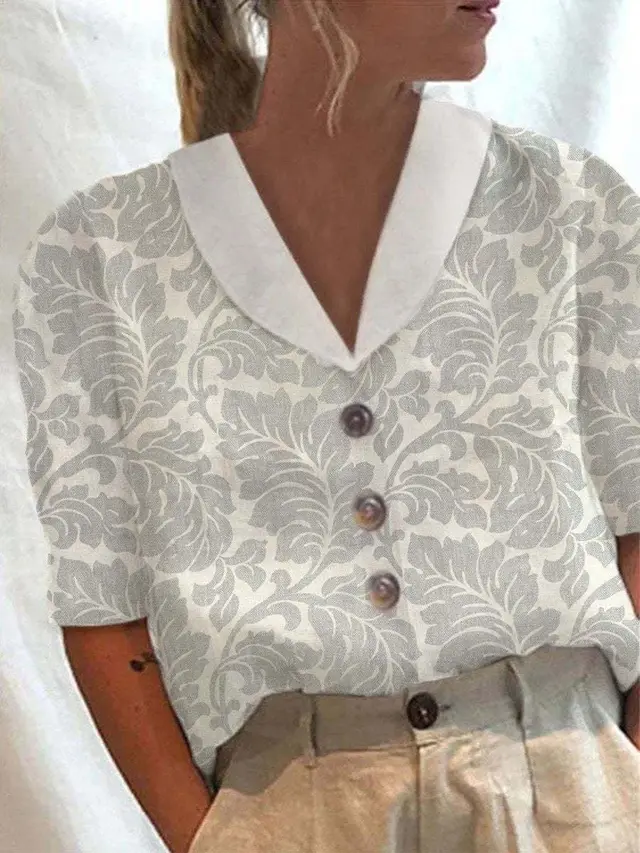 Women's Stand Collar Button Casual Half sleeve Cotton And Linen Printed Short sleeved Shirt 3 Color - Shop at LoveMi