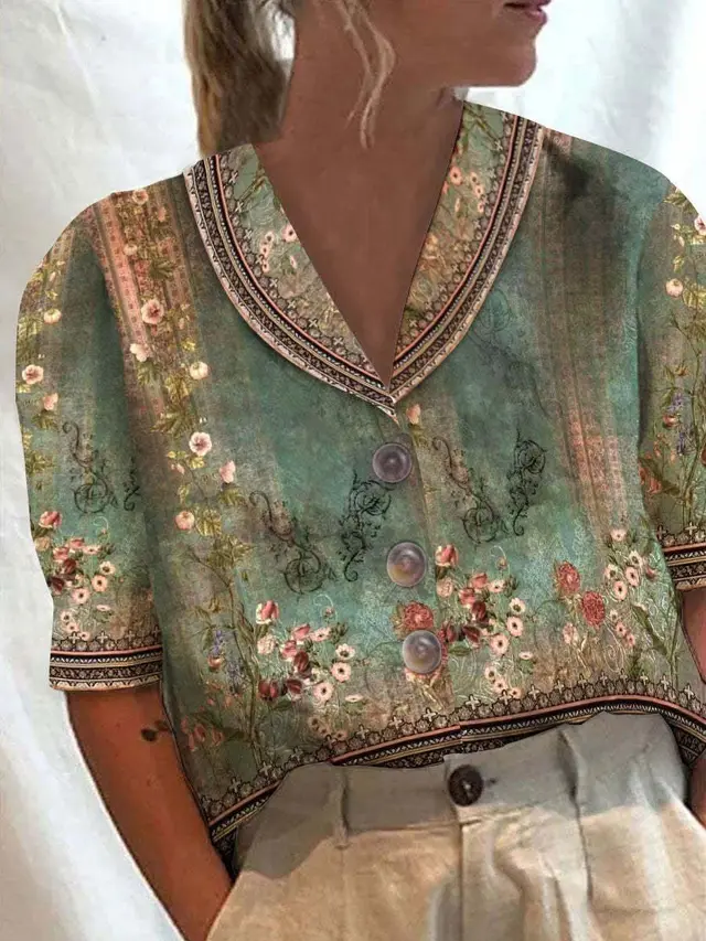 Women's Stand Collar Button Casual Half sleeve Cotton And Linen Printed Short sleeved Shirt 4 Color - Shop at LoveMi