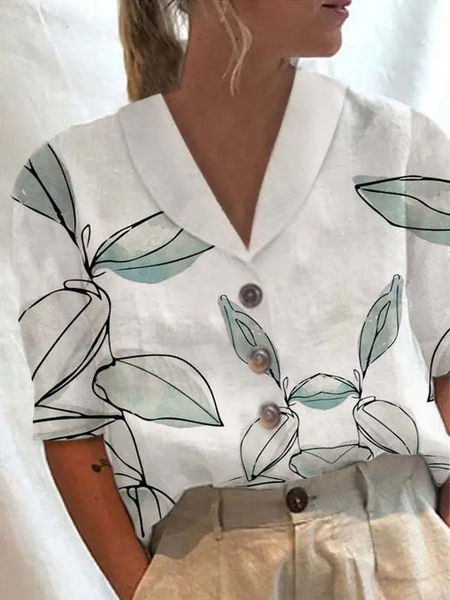 Women's Stand Collar Button Casual Half sleeve Cotton And Linen Printed Short sleeved Shirt 5 Color - Shop at LoveMi