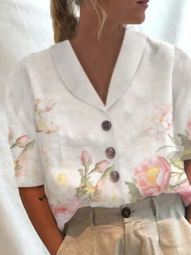 Women's Stand Collar Button Casual Half sleeve Cotton And Linen Printed Short sleeved Shirt 6 Color - Shop at LoveMi