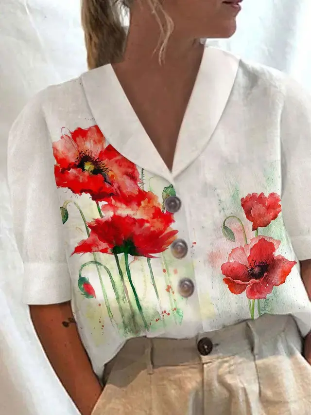 Women's Stand Collar Button Casual Half sleeve Cotton And Linen Printed Short sleeved Shirt 9 Color - Shop at LoveMi