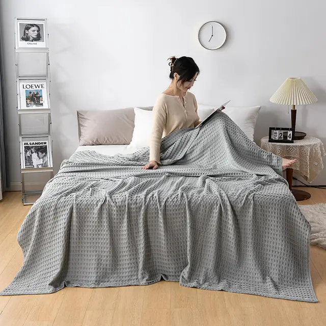 Cotton Waffle Knit Chenille Towel Sofa Cover Blanket Silver Gray - Shop at LoveMi