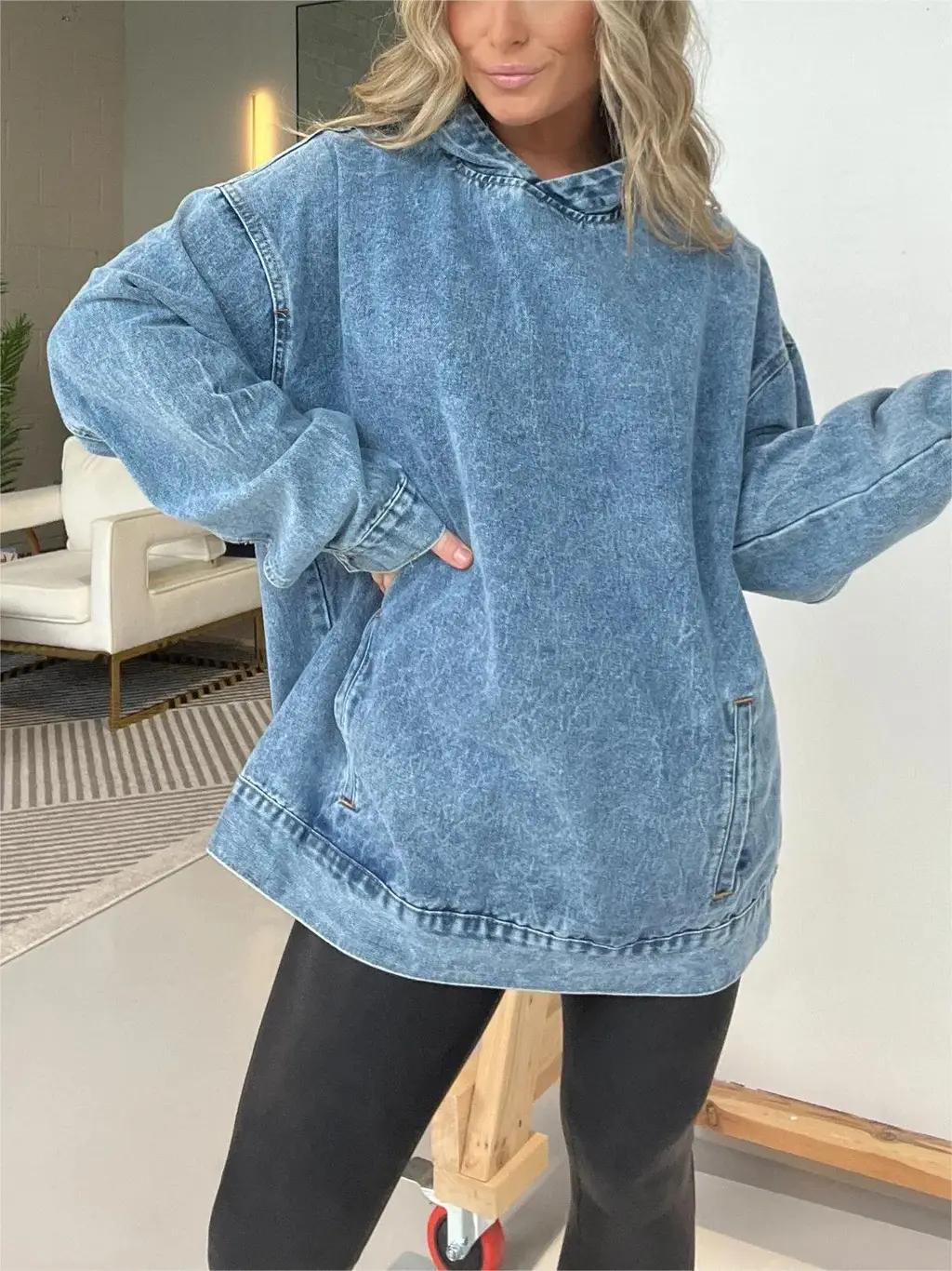 Female Loose Hooded Pullover Denim Hoodie - Blue