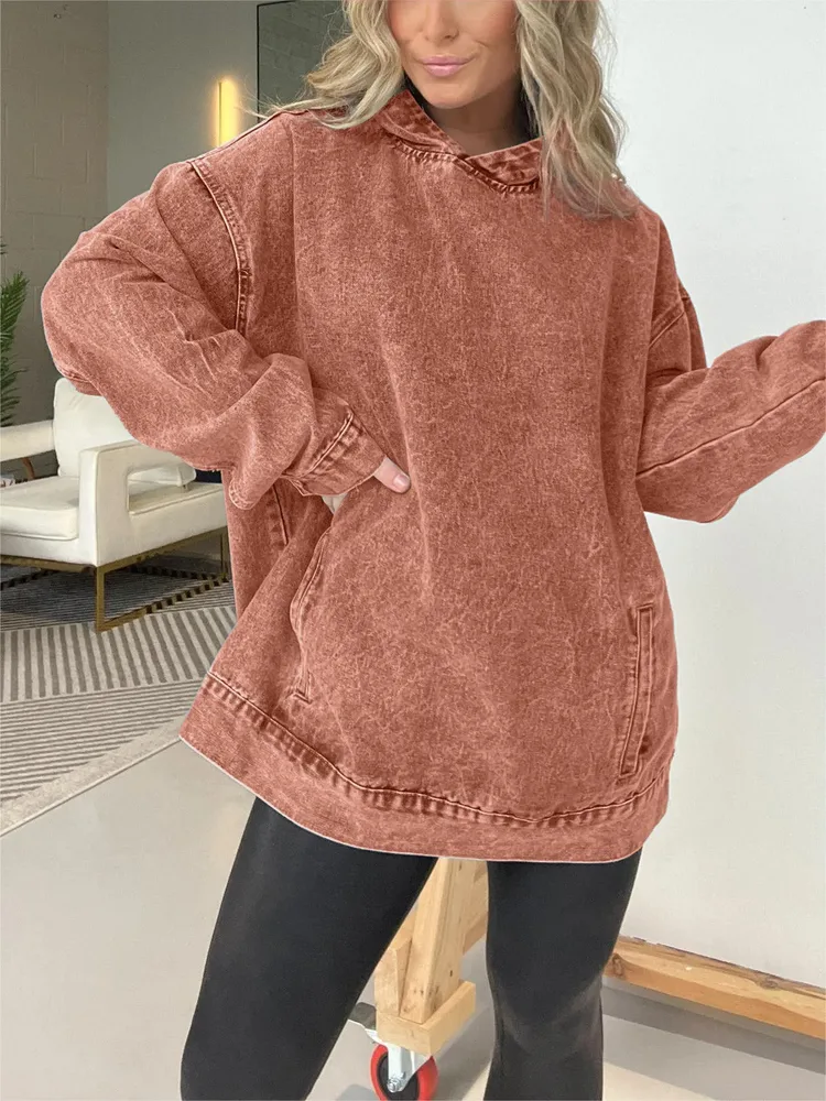 Female Loose Hooded Pullover Denim Hoodie - Orange
