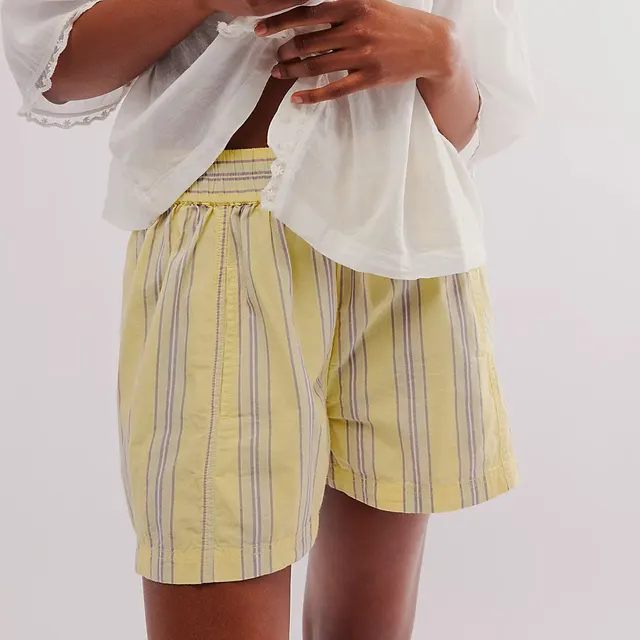 Striped Casual Elastic Pocket Beach Shorts For Women Yellow - Shop at LoveMi
