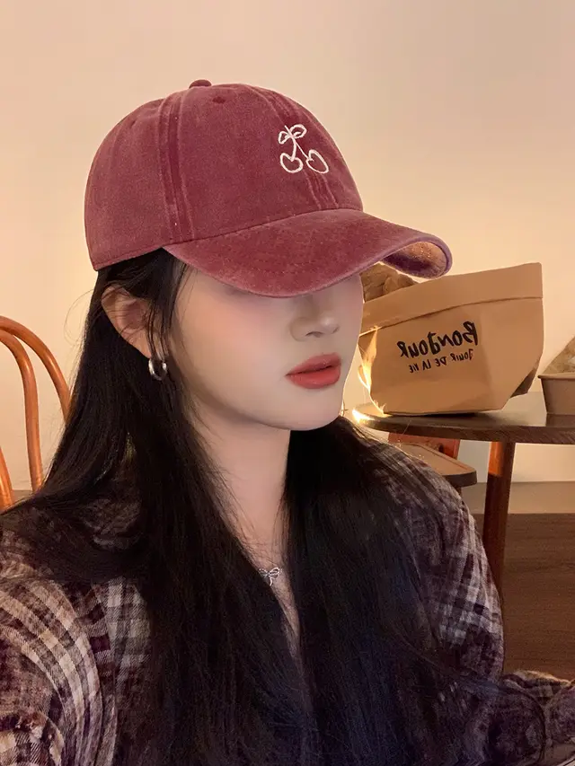 Ins Cherry Embroidered Baseball Cap Soft Top Wide Brim Cover Face Peaked Cap Red - Shop at LoveMi