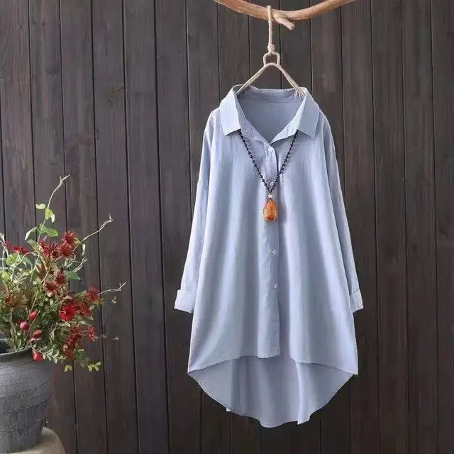 Women's Mid length Loose Long Sleeve Cotton Shirt Blue - Shop at LoveMi