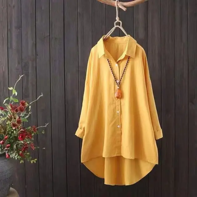 Women's Mid length Loose Long Sleeve Cotton Shirt Yellow - Shop at LoveMi