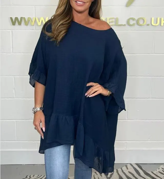 Fashion Off neck Loose Lotus Leaf Shirt For Women Navy Blue - Shop at LoveMi