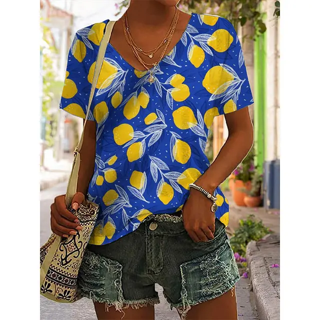 Women's 3D Digital Printing Pullover Loose Diagonal Collar Short Sleeve Bj101123466008 - Shop at LoveMi