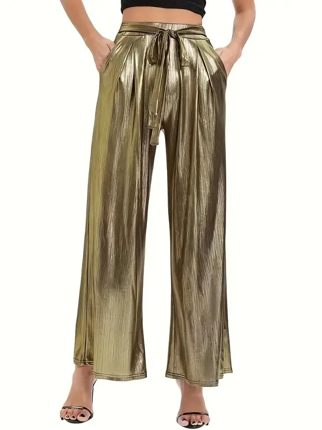 Women's Trousers Belt Loose High Waist Wide Leg Gold - Shop at LoveMi