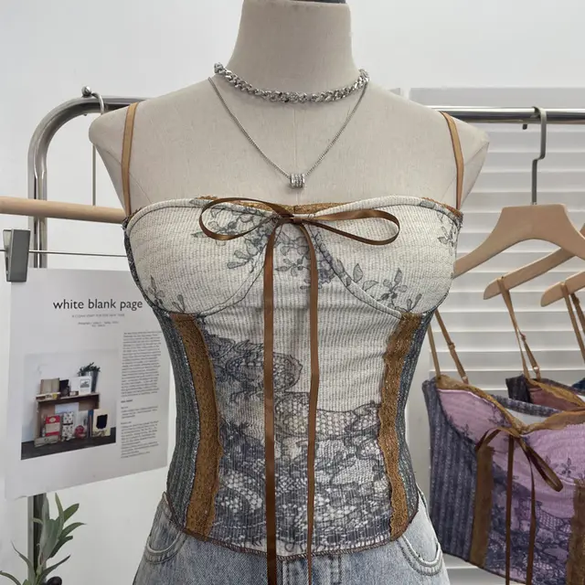 Vintage Ink Painting With Chest Pad Short Lace Up Tube Top For Women Gray - Shop at LoveMi