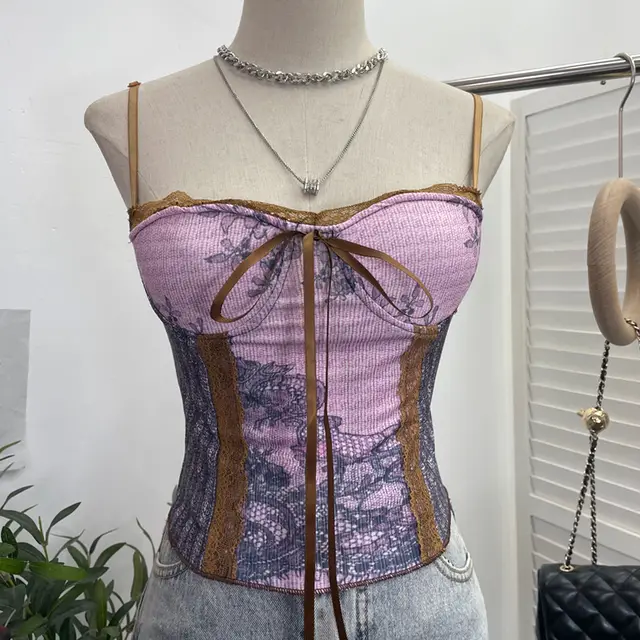Vintage Ink Painting With Chest Pad Short Lace Up Tube Top For Women Purple Pink - Shop at LoveMi