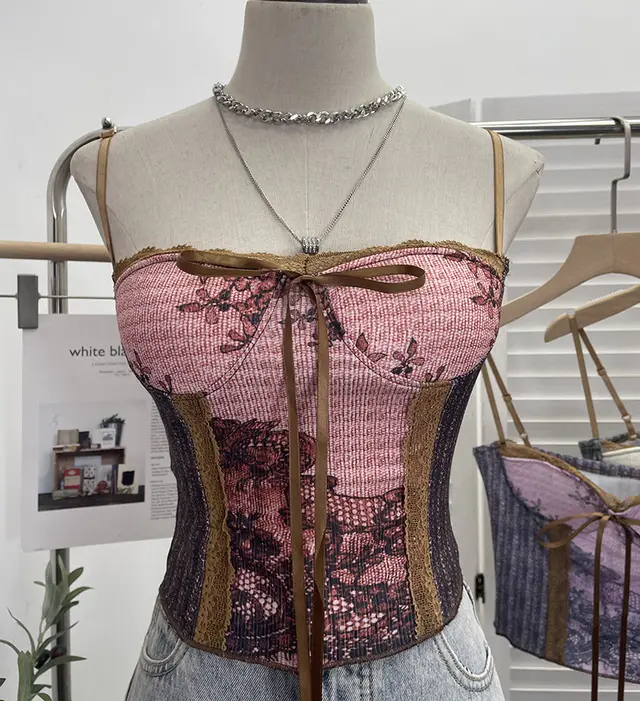 Vintage Ink Painting With Chest Pad Short Lace Up Tube Top For Women Rose Pink - Shop at LoveMi