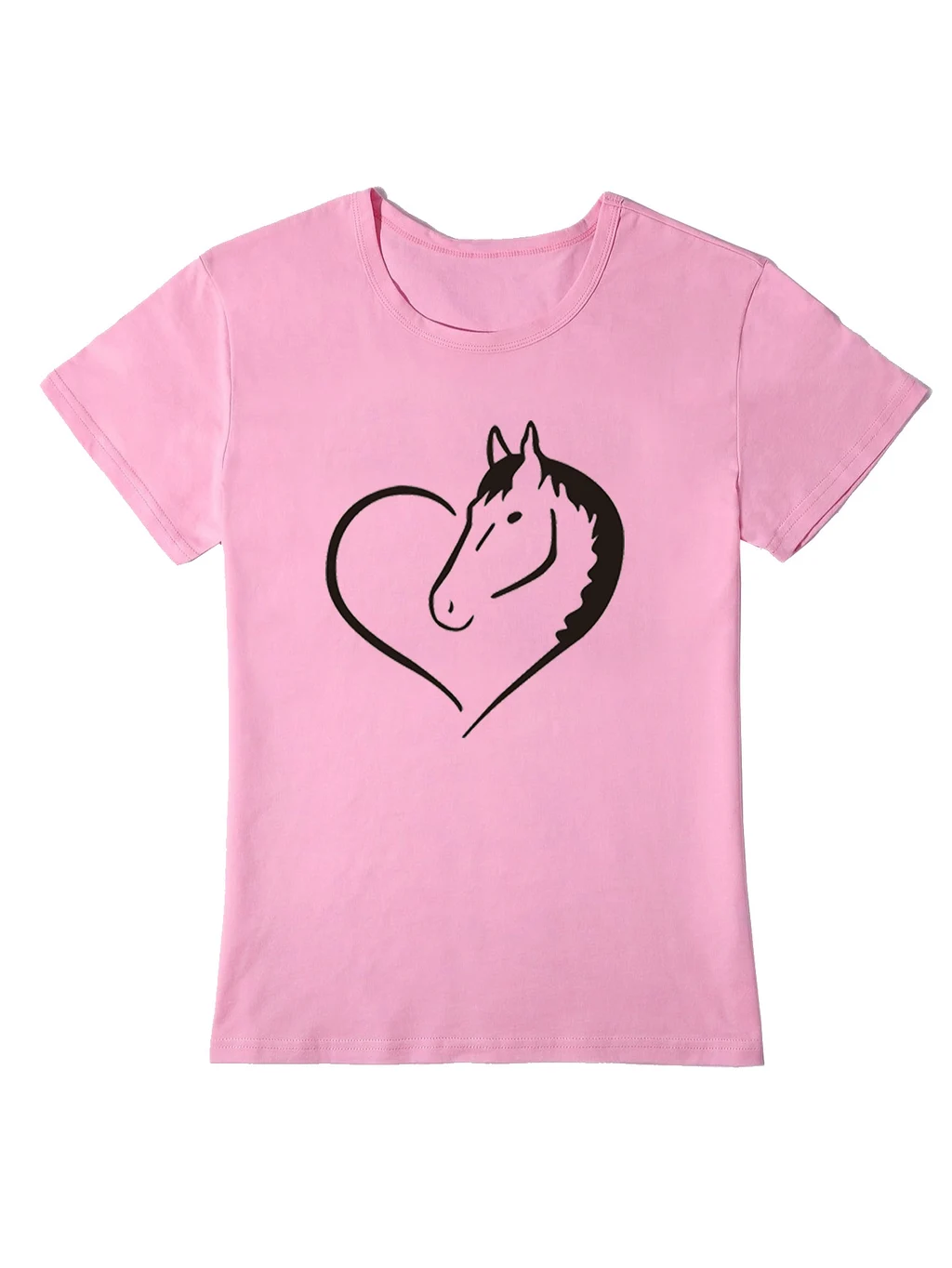 Heart Horse Pattern Printed Shoulder Short Sleeve - Pink