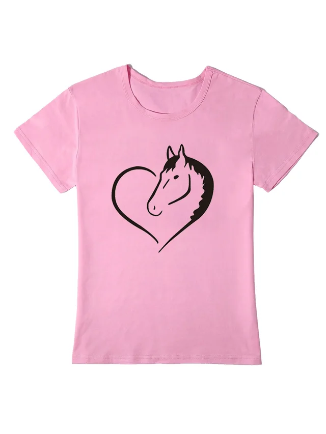 Heart Horse Pattern Printed Shoulder Short Sleeve Pink - Shop at LoveMi