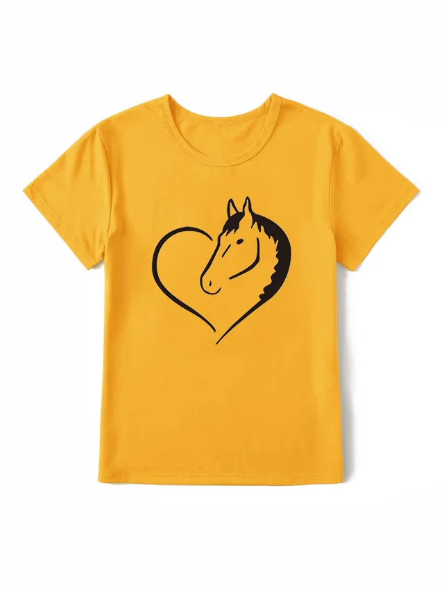 Heart Horse Pattern Printed Shoulder Short Sleeve Yellow - Shop at LoveMi