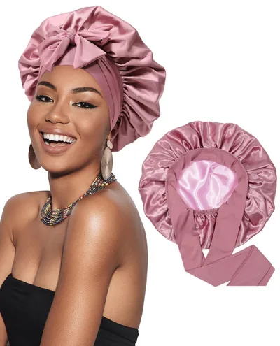 Double layer Satin Ribbon Round Cap Bow Artificial Silk Beauty Hair Care Wide brimmed Hat Red - Shop at LoveMi